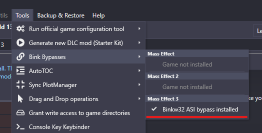 ME3 Tweaks Bink Bypass Menu